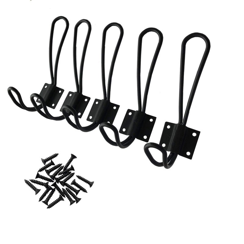 YMAISS 5 Packs of Rustic Heavy Duty Double Coat Hooks,Vintage Wall Mounted Hangers,Metal Decorative Entryway Hat Hook Black Big, Farmhouse Shabby Chic Hanging Look with Screws Included - Image 1